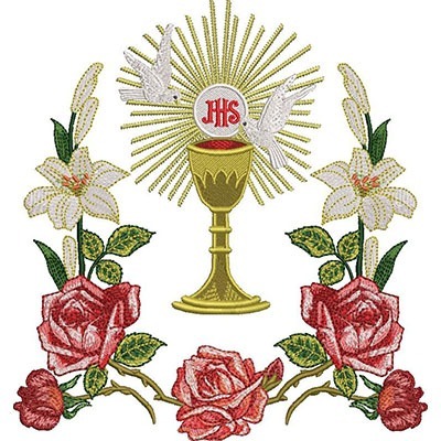 Matriz de matriz Matriz De Bordado Cálice Hostia Consagrada Com Moldura De Lirio E Rosas