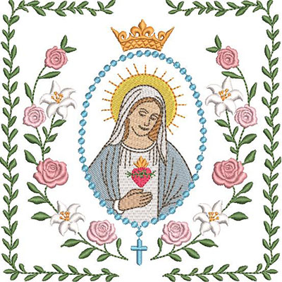 Matriz De Bordado Imaculada Na Moldura De Rosas E Lírios 2